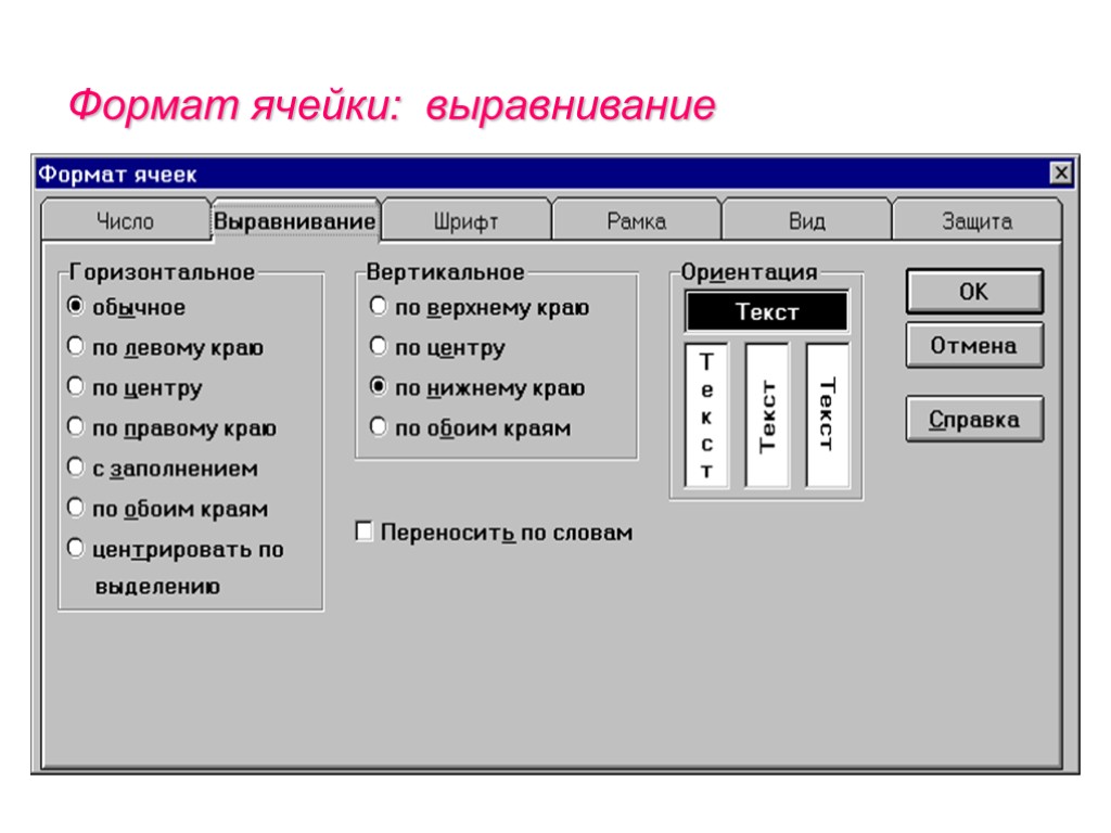 Формат ячейки: выравнивание